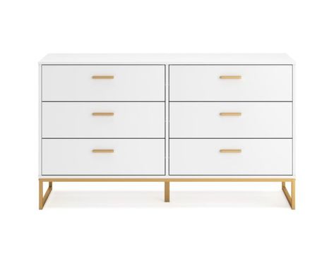 The Ashley Socalle White Dresser combines chic design with practical functionality, making it a stylish addition to any bedroom. Constructed from engineered wood, including MDF, particleboard, and plywood, this dresser is both affordable and durable. The matte white finish provides a light and bright appearance, while the goldtone accents on the drawer pulls and metal legs add a touch of elegance. This dresser features six smooth-gliding drawers with vinyl-wrapped sides and backs for enhanced du White Gold And Beige Bedroom, Preppy Room Decor Bedroom Ideas, Cute White Dresser, White Dresser With Gold Hardware, Girly Dresser, Dorm Dresser, Room Decor Dresser, White Furniture Bedroom, Dresser Gold