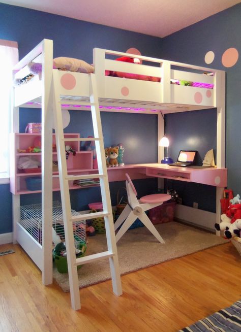 Cute. Kinda little kiddish, but cute.... If I get a loft bed, I'm putting Christmas lights under mine! Not the different colored one because that would be too Christmas-y, i would use the white lights Bed With Desk Underneath, Loft Bed Desk, Lofted Dorm Beds, White Loft Bed, Diy Loft, Bunk Bed Plans, Loft Bed Plans, Loft Bed With Desk, Diy Loft Bed