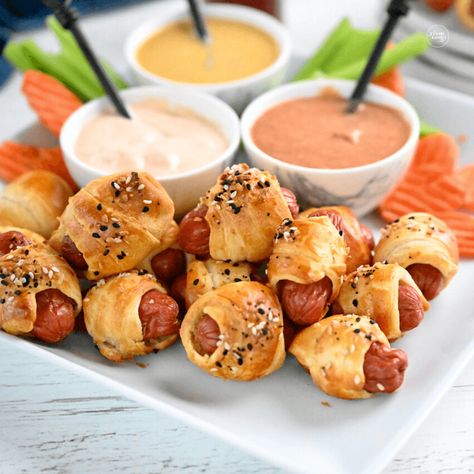 Pigs In A Blanket Recipe, Hash Brown Patties, Fat Head Dough, Blue Cheese Dip, Atkins Recipes, Classic Appetizers, Cauliflower Bites, Honey Mustard Sauce, Crescent Roll Dough