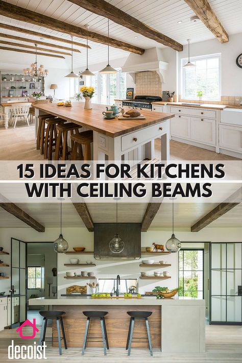 Kitchen Ideas With Beams, Kitchen Beams Ceiling Farmhouse Style, Farmhouse Kitchen Low Ceiling, Kitchen Ceilings Farmhouse, Kitchen Ceiling Beams Ideas, Breadboard Ceiling With Beams, Vaulted Ceiling With Wood Beams Kitchen, Cottage Ceiling Ideas Farmhouse Style, Fake Beams On Ceiling Kitchens