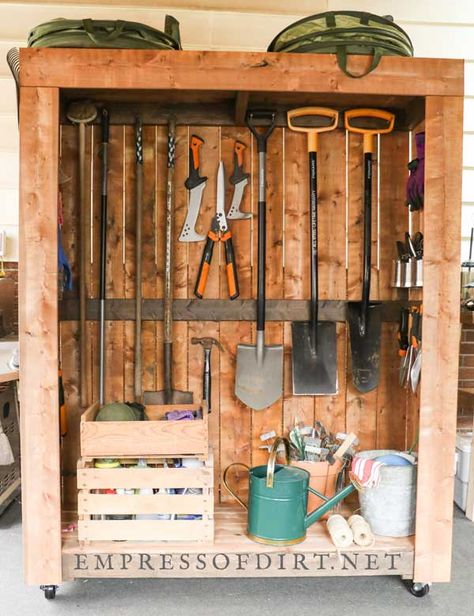 DIY Portable Garden Tool Shed on Wheels | Empress of Dirt Storage Garden Tools, Tool Shed Organizing, Shed Shelving, Cool Sheds, Storage Shed Organization, Portable Garden, Garden Tool Organization, Rustic Wooden Shelves, Yard Tools