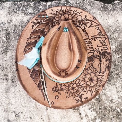 Best selling Wildflowers & Wild Horses inspired hat 🫶🏻 . . . #laineywilson #wildchild #country #western #handburned #custom #original #hatstyle #cute #horselover Western Burned Hat, Custom Burnt Cowgirl Hats, Wildflower Burned Hat, Summer Western-themed Brimmed Hats, Beauty And The Beast Wedding Cake, Hand Painted Brimmed Hat For Western-themed Events, Fox Hat, Hand Burn, Wild Child