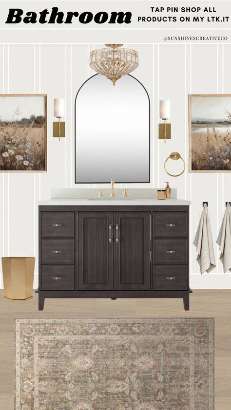 Moody Neutral Bathroom, Bathroom Studio Mcgee, Light And Airy Bathroom, Transitional Powder Room Ideas, Transitional Powder Room, Half Bathroom Design, Bathroom Moodboard, Modern Traditional Bathroom, Traditional Powder Room