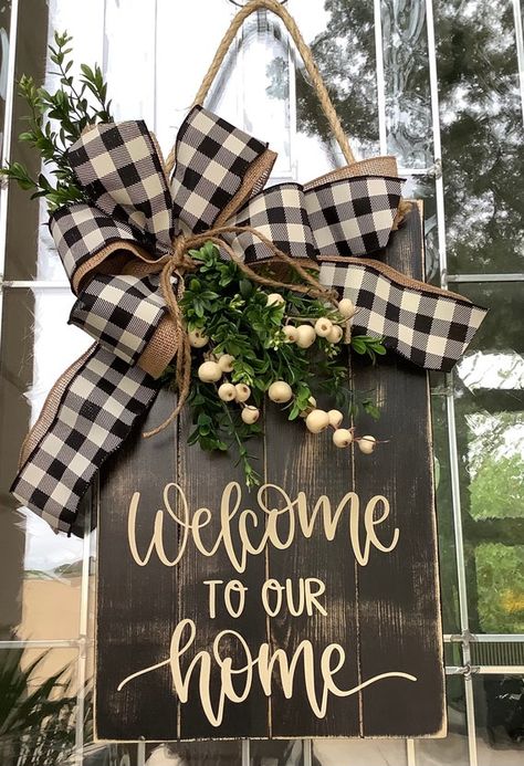 Welcome to Our Home Large Wooden Door Sign Door Hanger | Etsy Large Wooden Door, Wooden Door Sign, Wooden Wreath, Farmhouse Door, Large Door, Door Signs Diy, Summer Deco, Door Tags, Farmhouse Crafts