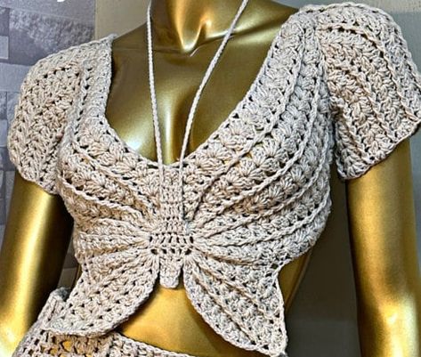 Butterfly Crochet Top Sleeves - Etsy Australia Top Borboleta, Butterfly Crochet Top, Crochet Butterfly Free Pattern, Top With Sleeves, Butterfly Crochet, Graph Crochet, Add Sleeves, Crochet Butterfly, Butterfly Top