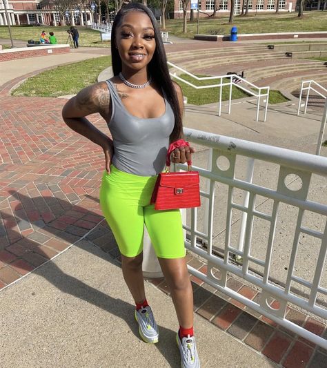 outfits , biker shorts , red purse , lime green shoes , gray leather tops , braceface , bussdown , necklace , fits , fit , outfit inspo , university, Tennessee State University, school outfits , summer outfits , spring break , spring break outfit , spring outfits , neon green biker shorts Green Biker Shorts Outfit, Trendy Fitted Green Biker Shorts, Trendy Green Short Biker Shorts, Neon Green Biker Shorts Outfit, Trendy Green Biker Shorts, Outfit Inspo University, Green Biker Shorts, Outfits Biker, School Outfits Summer