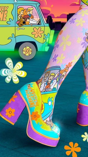 Shoes Collection Aesthetic, Scooby Doo Boots, Scooby Doo Shoes, Daphne Inspired Outfits Scooby Doo, Scooby Doo Accessories, Scooby Doo Nails, Gogo Boots Purple, Go Go Boots Funky, Rainbow Platform Boots