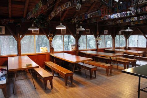 Camp Lodge, Lodge Restaurant Design, Camp Mess Hall, Summer Camp Cabins Inside, Lodge Pendant Light, Camp Dining Hall, Douglas Fir Tree, Cafeteria Design, Pass Through Window