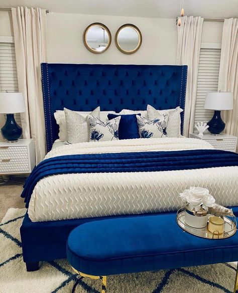 Royal Blue Bedrooms, Blue And White Bedroom, Blue And Gold Bedroom, Blue Room Decor, Blue Headboard, Blue Bedroom Decor, Modern Luxury Bedroom, Gold Bedroom, Bedroom Wall Colors