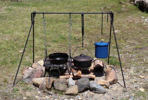 Folding Campfire Dutch Oven Cooking Grill plus other open fire cooking ideas - gardenista.com Campfire Grill, Fire Pit Cooking, Open Fire Cooking, Outdoor Cooking Area, Dutch Oven Cooking, Camping Grill, Wood Plant Stand, Fire Pit Designs, Fire Cooking