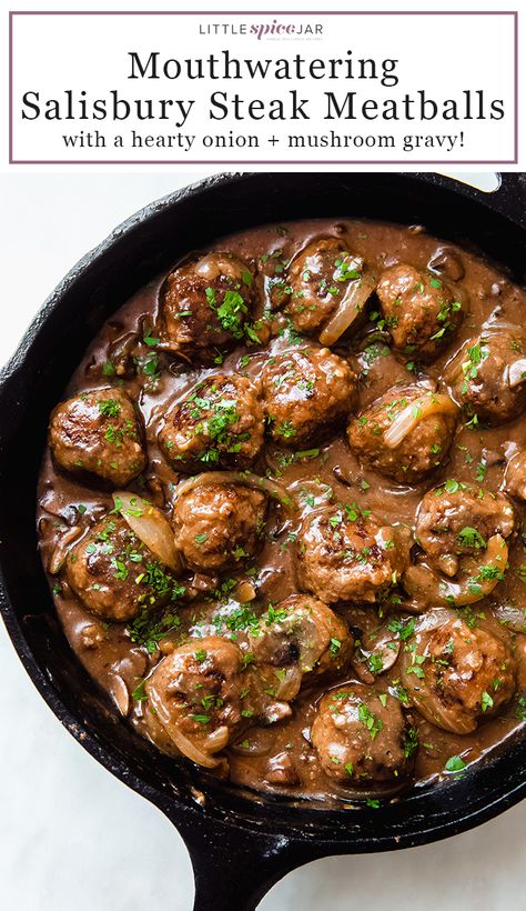 Garlic Herb Mashed Potatoes, Salisbury Steak Meatballs, Slow Cooker Salisbury Steak, Meatballs And Gravy, Mushroom Gravy Recipe, Salisbury Steak Recipes, Meatball Recipes Easy, Iron Skillet Recipes, Frozen Meatballs