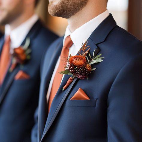 Stunning Navy Blue and Rust Wedding Colors | Discover Tips for a Perfect Palette - Yeah Weddings Dusty Blue And Rust Wedding Flowers, Rust And Teal Wedding Colors, Navy Blue Wedding Scheme, Fall Wedding Navy Blue Color Combos, Fall Wedding Colors Navy And Rust, Rustic Orange And Gold Wedding, Fall Color Palette Wedding Groomsmen, Navy And Orange Groomsmen, Deep Blue Wedding Suit