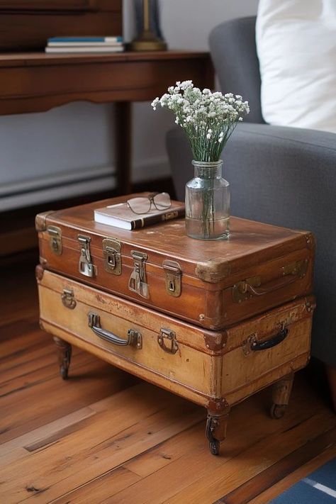 "Elevate your decor with the creative charm of a DIY Vintage Suitcase Table! 🛠️🧳 Perfect for creating a functional and stylish conversation piece. 🌟✨ #UpcycledDesign #VintageInspiration #DIYCrafts" Suitcase Table Diy, Diy Vintage Suitcase, Garden Bedroom Ideas, Vintage Suitcase Decor, Vintage Suitcase Table, Suitcase Table, Suitcase Decor, Travel Inspired Decor, Small Balcony Design