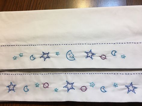 Moon And Stars Embroidery, Embroidered Stars Simple, Moon And Stars Embroidery Pattern, Embroidered Moon And Stars, Embroidered Planets And Stars, Hand Embroidered Pillows, Handmade Pillowcases, Embroidered Pillowcases, Embroidered Heart