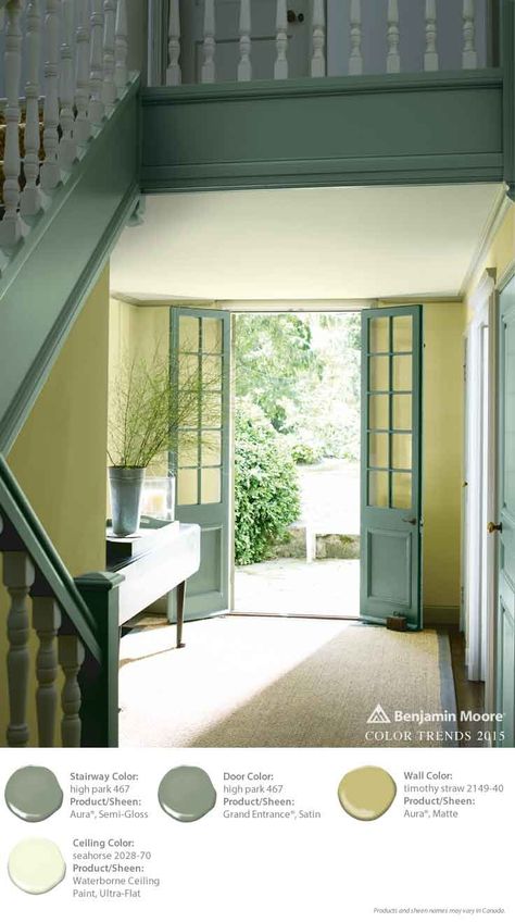 Color lock technology means rich colors stay truer. Benjamin Moore's Aura Exterior Paint in this entryway adds a lot of dimension—and durability. [ad] Yellow Hallway, Entryway Paint, Entryway Paint Colors, Wall Color Combination, Green Color Schemes, Benjamin Moore Colors, Benjamin Moore Paint, Up House, Interior Paint Colors