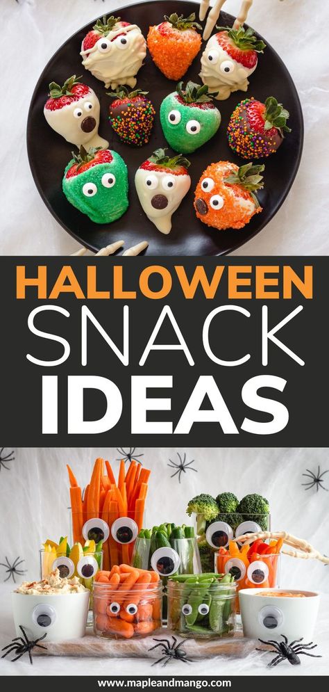 Looking for fun, easy and healthy Halloween snacks for kids? Here are 11 cute and spooky Halloween snack ideas – including both sweet treats and savory options! Perfect for Halloween parties, a fun afternoon or after school snack for the kids or to munch on while watching Halloween movies. | www.mapleandmango.com Halloween Fun Foods For Kids, Fun Halloween Snacks For School, Halloween Work Snacks, Blueberry Halloween Treats, Easy Snacks To Make With Kids, Easy Healthy Halloween Snacks, Fun Halloween Meals, Halloween Fun Food Ideas, Kids Halloween Birthday Party Food