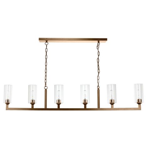 Jamie Young Company Antique Brass with Clear Glass Six-Light Chandelier 5LINE6-ABCL | Bellacor Clear Glass Chandelier, 6 Light Chandelier, Island Chandelier, Kitchen Island Linear Pendant, Jamie Young, Antique Brass Metal, Hanging Fixture, Linear Chandelier, Chandelier Shades