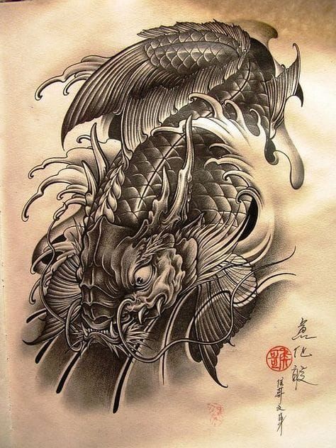 Dragon Koi Tattoo Design, Dragon Koi Fish, Koi Dragon Tattoo, Karp Koi, Dragon Tattoo Drawing, Dragon Head Tattoo, Koi Dragon, Koi Tattoo Design, Tattoo Dragon