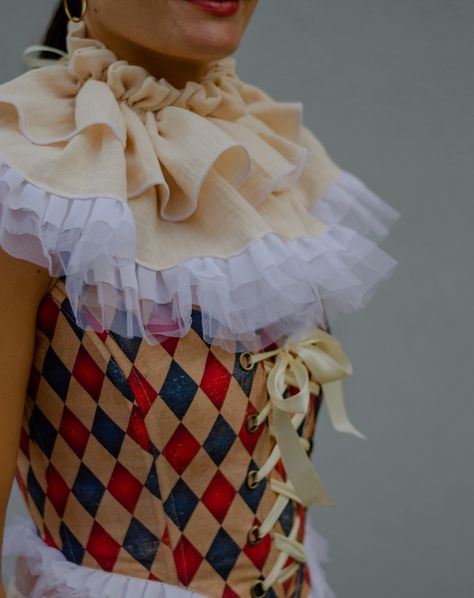 Old circus inspired harlequin #handmade corset 😍 https://kidzandcostumes.etsy.com #oldcircus #vintagecircus #clown #circus #circusfashion #corset #harlequin #costumes #cosplay #halloween2024 #smallbusiness #lovemyjob #mycreations #neckruffle Harlequin Costume Women, Clown Dance Costume, Circus Themed Outfits, Clown Outfit Women, Female Jester Costume, Clown Corset, Circus Inspired Outfit, Clown Ballerina, Harlequin Fashion