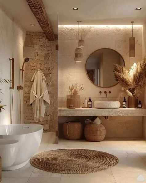 Natural Style Bathroom, Bathroom Boho Ideas, Neutral Tones Bathroom, Bad Boho Style, Scandanavian Interiors Bathrooms, Bathroom Boho Modern, Hygge Bathroom Ideas, Bathroom Natural Wood, Bad Boho