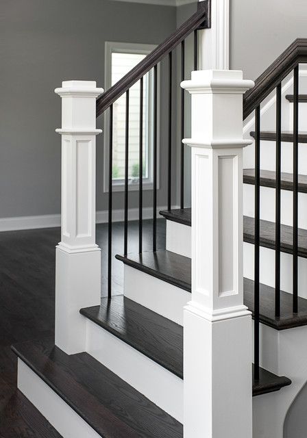 Stair Styles, Banister Ideas, Iron Stair Balusters, Black Stair Railing, Black And White Stairs, House Foyer, Black Staircase, Furniture Color Schemes, Staircase Styles