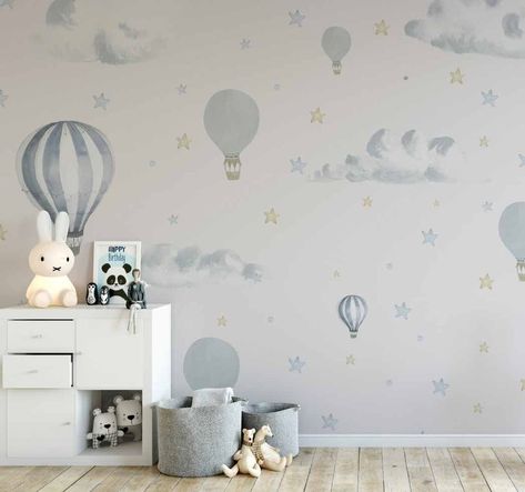 Mountain Nursery Wall, Balloons In The Sky, Kids Room Wall Murals, Balloons Wall, Sky Nursery, Mural Room, Kindergarten Wallpaper, Matt Wallpaper, Hot Air Balloon Nursery