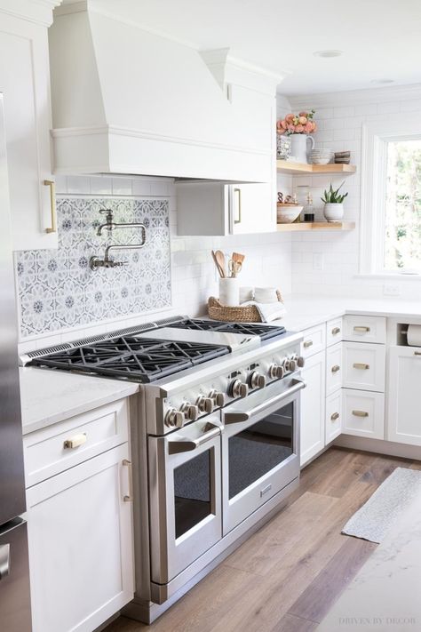 Super gorgeous and functional range with six burners and double ovens. The small oven is perfect for most family meals! Driven By Decor, Gray And White Kitchen, White Kitchen Remodeling, Pretty Kitchen, Cabinets And Countertops, New Kitchen Cabinets, Old Kitchen, Double Oven, Kitchen Remodel Idea