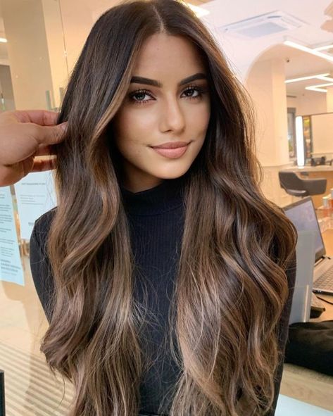 Dark Hair with Mushroom Brown Highlights Dark Brown Hair With Highlights, Hair With Highlights, Brown Hair Inspo, Brunette Hair With Highlights, Dark Hair With Highlights, Brown Hair Balayage, Long Dark Hair, Brown Balayage, Normal Hair