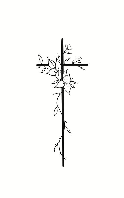 Cross With Morning Glory Tattoo, Simple Cross Tattoos For Women, Cross Drawing Sketches, Cross With Vines, Faith Cross Tattoos, Cross Tattoo Design, Cross With Flowers, Small Cross Tattoos, Vintage Flower Tattoo