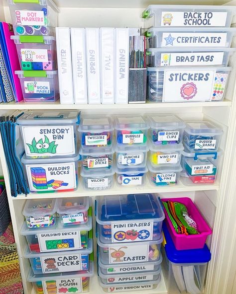 Occupational Therapy Storage Ideas, How To Organize Lesson Plans, Speech Therapy Storage Ideas, Speech Therapy School Room, Photo Storage Boxes Classroom, Speech Organization Ideas, Small Speech Room, Slp Organization Materials, Speech Pathologist Office