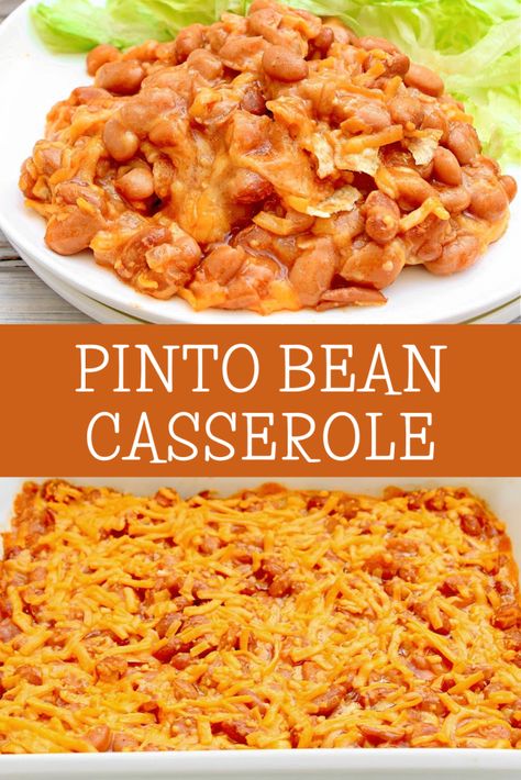 Pinto Bean Casserole ~ Easy and cheesy casserole that's easy on the budget and packed with Tex-Mex flavors! Pinto Bean Casserole Cornbread, Cheesy Pinto Beans, Canned Pinto Bean Recipes, Pinto Beans And Rice, Brown Beans, Vegetable Casseroles, Pinto Bean Recipes, Bean Dishes, Food Sides