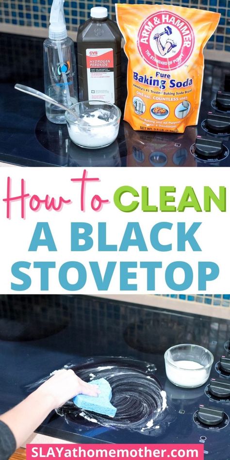 Clean your gross black stovetop with this easy DIY cleaner! Helps remove burnt on food, spills, grease, and grime. #slayathomemother #oven #stove #diycleaners #homemadecleaners #stovetop #cleaningtips Clean Burnt Stove Top, Stovetop Cleaner Diy, How To Get Burnt Food Off Of Stove Top, How To Remove Grease From Stove, Stove Cleaning Hacks Baking Soda, How To Clean Burnt Stove Top, How To Clean Black Stove Top, Remove Grease From Stove, Stove Cleaner Diy