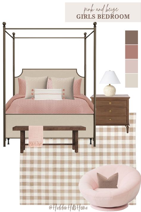 Pink and beige girls bedroom decor mood board with a canopy bed Pinky Beige Bedroom, Beige Girls Bedroom, Girls Bedroom Mood Board, Pink And Brown Bedroom, Pink Swivel Chair, Cute Bedroom Decor Ideas, Pink Toddler Bedroom, Dreamy Girls Bedroom, Pink Twin Bed