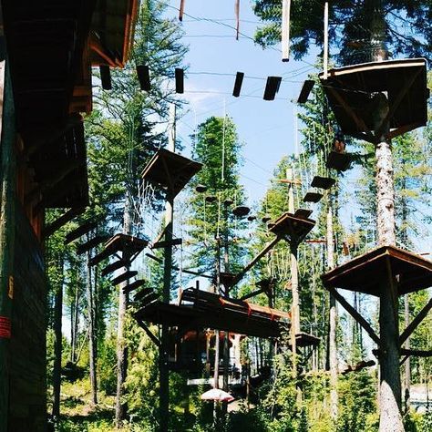 High Ropes Course Adventure, Indoor Ropes Course, High Ropes Course Aesthetic, Obstacle Course Aesthetic, Ropes Course Aesthetic, Rock Wall Climbing, Giant Water Slide, High Ropes, Camp America