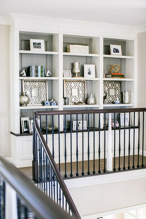 Mirror Hack, Top Of Stairs, Ikea Mirror, Interior Decorating Tips, Stair Case, White Bookcase, Coastal Living Rooms, Room Shelves, Built In Bookcase