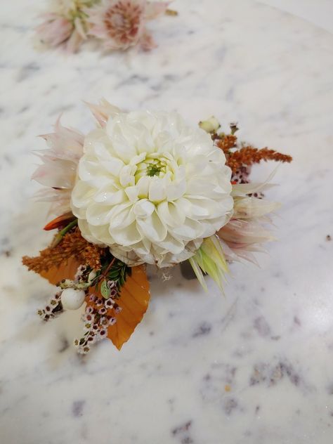 Cuff corsage with white dahlia and fall colors (: Dahlia Wrist Corsage, Dahlia Corsage, Fall Corsage, Cuff Corsage, Wearable Florals, October Bouquet, Sunflower Corsage, White Corsage, White Dahlia