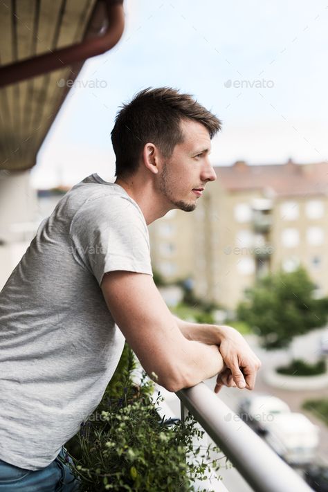 Leaning Down Pose Reference, Balcony Photography, Side View Drawing, Men Photoshoot, Body Reference, Photography Poses For Men, Body Poses, Male Poses, Man Photo