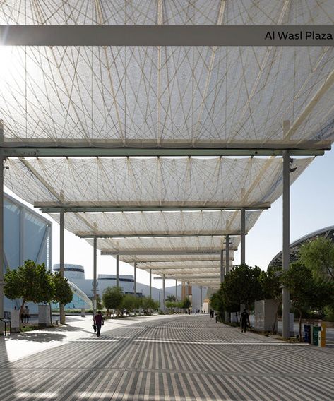 an ethereal canopy of high-tech i-Mesh floats above expo 2020 dubai Architectural Canopy, Tensile Canopy, Shading Structure, Canopy Structure, Design Creative Ideas, Modern Canopy, Canopy Ideas, Expo 2020 Dubai, Home Decor Ideas Bedroom