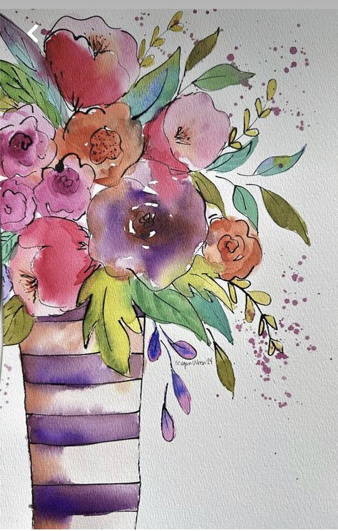 Flower Bouquet Drawing Watercolor Print, Watercolour Flowers In Vase, Watercolour Abstract Painting, Watercolor Flowers In Vase, Watercolor And Ink Flowers, Flowers In Vase Painting, Watercolor Paintings For Beginners, Diy Watercolor Painting, Gold Watercolor