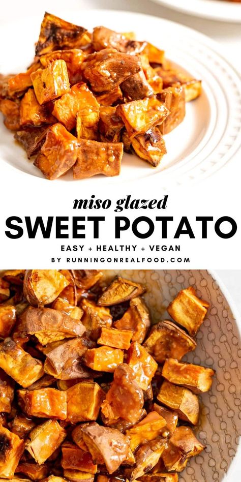 Yam Recipes, Miso Recipes, Running On Real Food, Sweet Potato Casserole Healthy, Chili Recipe Healthy, Miso Recipe, Glazed Sweet Potatoes, Cubed Sweet Potatoes, Miso Glaze