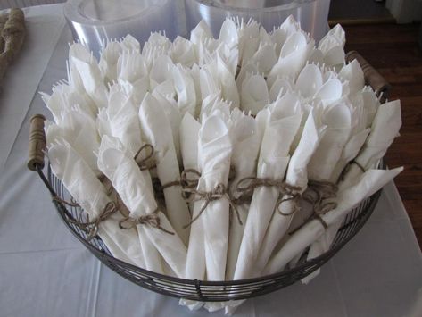 Wrapped Silverware In Napkins, Wedding Utensil Holder, How To Wrap Flatware In Paper Napkin, Wedding Utensil Ideas, Utensils In Napkins, Utensil Roll Up Napkins, Party Silverware Ideas, Wrap Utensils In Napkins, Rolled Silverware In Napkins