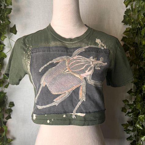 Upcycled patchwork crop top ✨by me✨ beetle patch... - Depop Cropped T Shirt Diy, Patchwork Top Diy, Patchwork Shirt Diy, Repurposed Clothing Diy, Thrift Flip Clothes Ideas, Bug Clothes, Diy Clothes Bleach, Thrift Flip Clothes, Bug Clothing