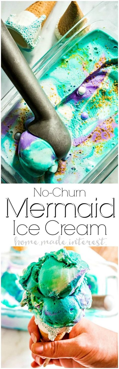 No Churn Mermaid Ice Cream | This easy homemade ice cream recipe is a no churn ice cream that looks just like a mermaid! This no churn mermaid ice cream is perfect for summer pool parties, or mermaid parties. Sprinkle homemade no churn ice cream with sprinkles and swirls of color and you have an easy no churn ice cream that every kid will want. AD Mermaid Ice Cream, Weight Watcher Desserts, Easy Homemade Ice Cream, Homemade Ice Cream Recipes, Vevey, Mermaid Diy, Low Carb Dessert, No Churn Ice Cream, Mermaid Parties