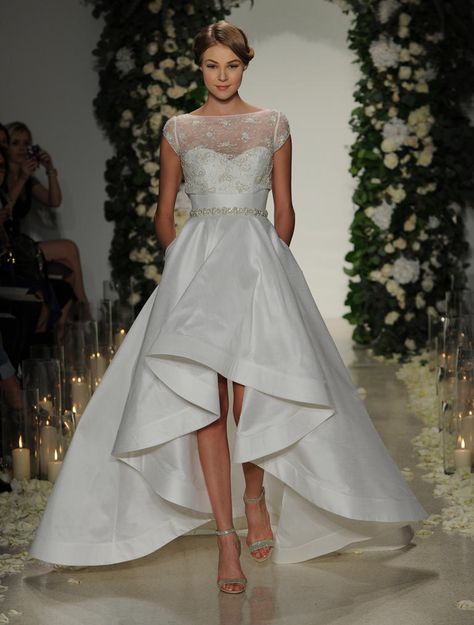 Anne Barge Fall 2016 strapless, asymmetrical high-low dress with crystal-embellished belt and topper | https://www.theknot.com/content/anne-barge-wedding-dresses-bridal-fashion-week-fall-2016 Hi Low Wedding Dress, High Low Wedding Dress, High Low Wedding Dresses, Anne Barge Wedding Dresses, High Low Ball Gown, High Low Bridesmaid Dresses, Strapless Wedding Dresses, Whitney Port, Wedding Dresses High Low