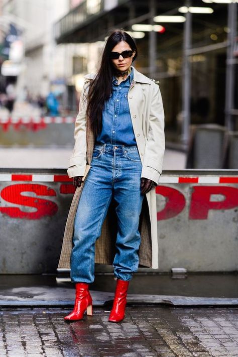 Jeans, Clothing, Denim, Street fashion, Photograph, Fashion, Snapshot, Jacket, Footwear, Outerwear, Red Boots Outfit, January Fashion, Nyfw Style, Balenciaga Shirt, Jeans Trend, Canadian Tuxedo, New York Street Style, New York Fashion Week Street Style, Street Style Blog