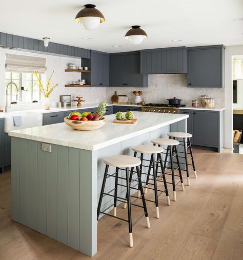 Kitchen Island Colors, Island Colors, Bold Kitchen, Rocky Coast, All White Kitchen, Island With Seating, Kitchen Nook, Luxe Interiors, Grey Kitchens