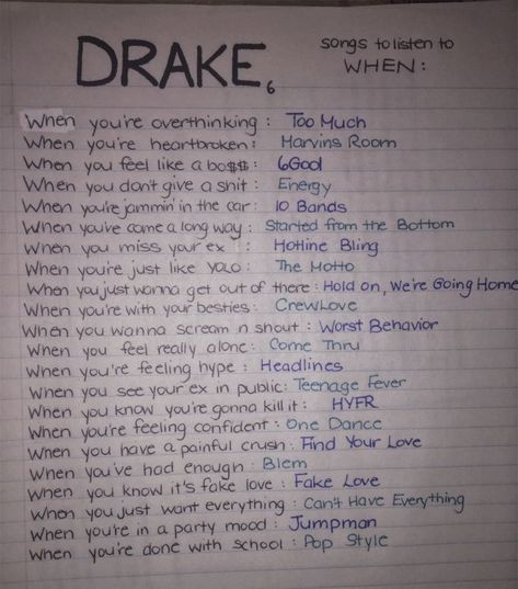 Songs For Every Mood, Drake Playlist, Drake Quotes Lyrics, Drake Songs, Rap Song Quotes, Rap Music Playlist, Drakes Songs, Summer Songs Playlist, Rap Playlist