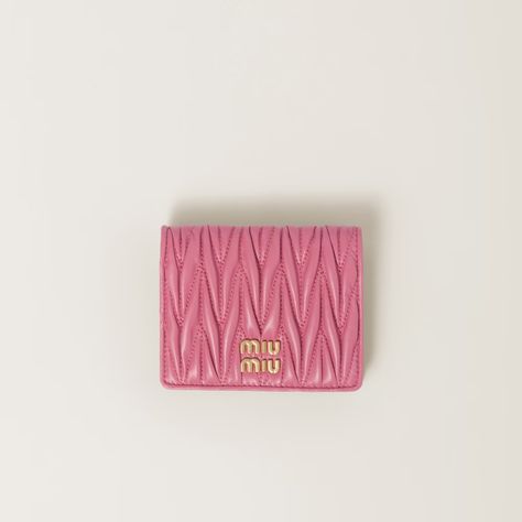 Small matelassé nappa leather wallet Begonia pink | Miu Miu Metal Lettering, Miu Miu Handbags, Pink Wallet, Compact Bag, Lettering Logo, Miu Miu Wallet, Small Wallet, Card Holder Leather, Letter Logo