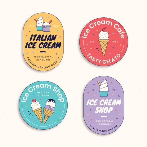 Ice Cream Label Design Packaging, Ice Cream Sticker Design, Ice Cream Logo Design Creative, Ice Cream Label Design, Dessert Reference, Ice Cream Logos, Ice Cream Logo Design, Ice Cream Label, Draw Ice Cream