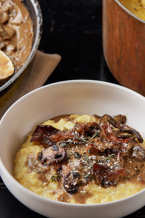 Creamy Polenta With Mushrooms Recipe - NYT Cooking Mushrooms Polenta, Cooking Polenta, Polenta With Mushrooms, Nytimes Cooking, Vegan Polenta, Nyt Recipes, Grilled Polenta, Butter Mushrooms, Mushroom Polenta